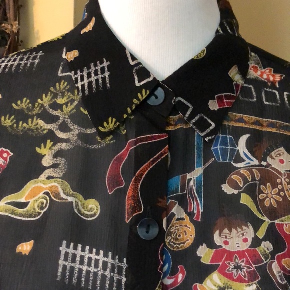 CHICOS size 2  Medium SILK Fun Asian Print Eastern Vibe Graphic Print $109 NEW - Picture 8 of 16